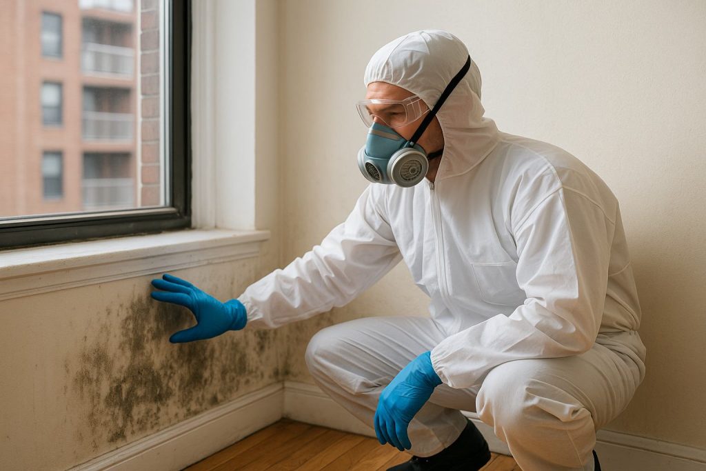 A crew member inspecting mold