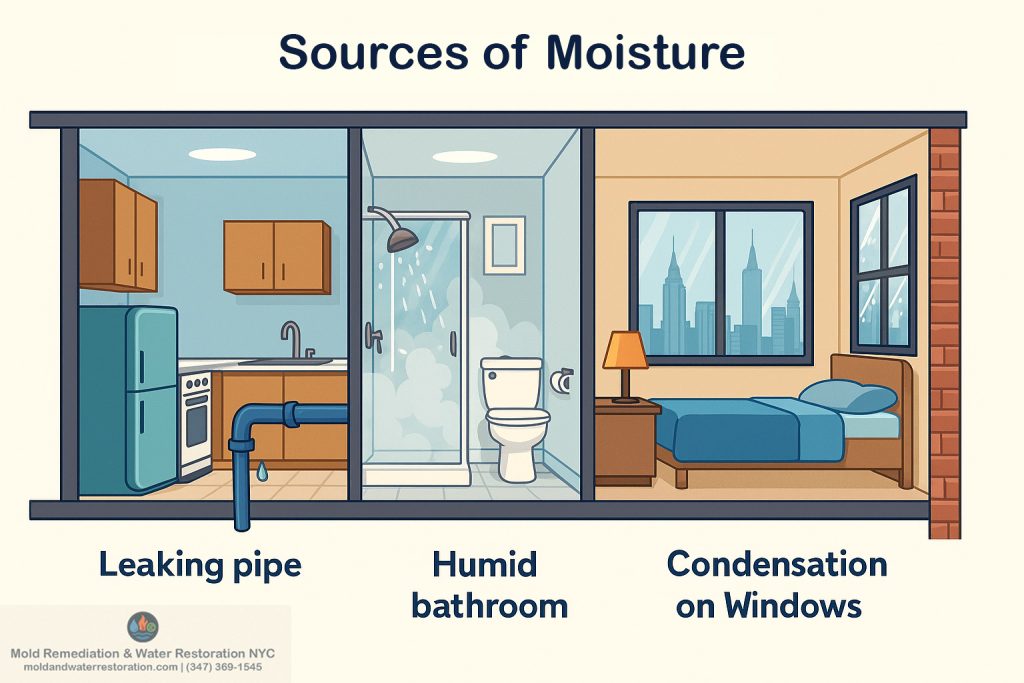 Cross-section diagram of NYC apartment showing sources of moisture: leaking pipe, humid bathroom, condensation on windows.