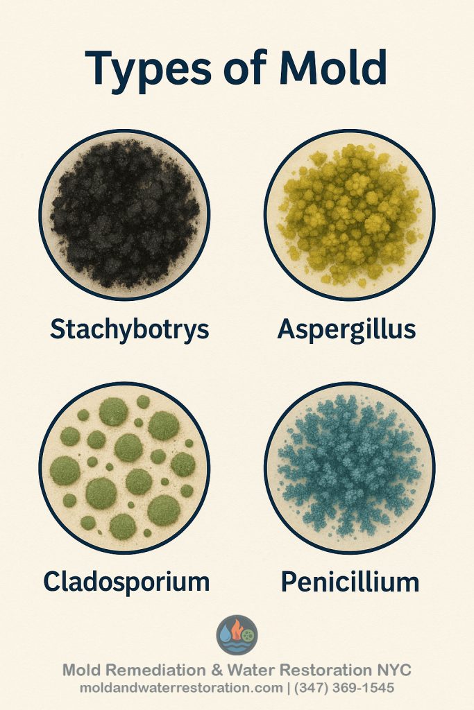 A labeled infographic of common household mold types with textures and color differences